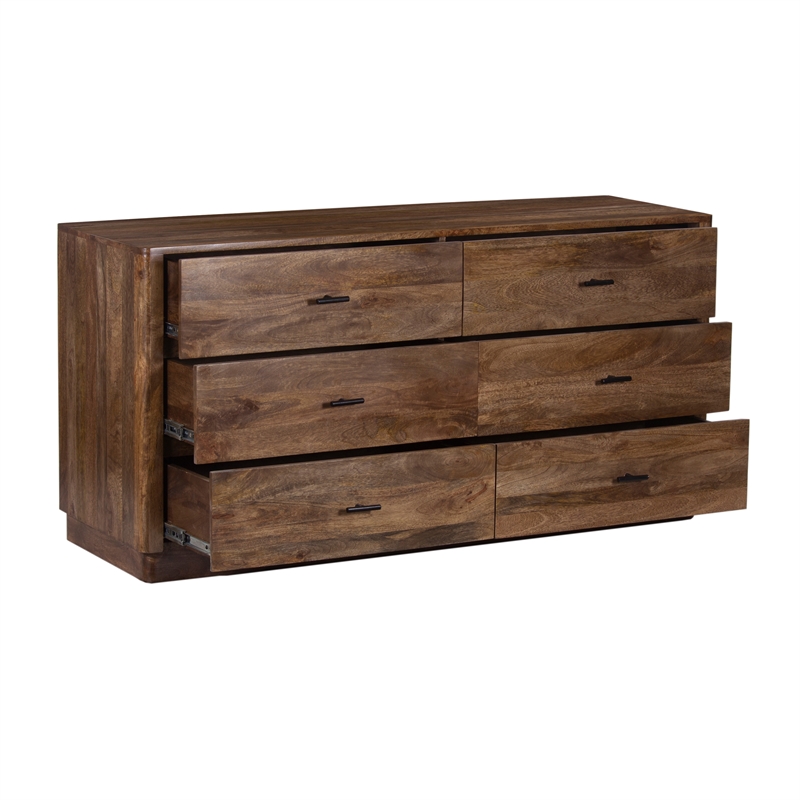 Benjara Tao 6 Drawers Dresser- Mango Wood- Walnut Finish- 60