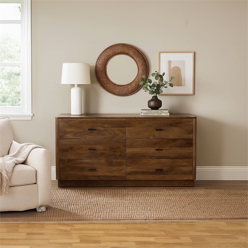 Benjara Tao 6 Drawers Dresser- Mango Wood- Walnut Finish- 60