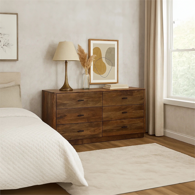 Benjara Tao 6 Drawers Dresser- Mango Wood- Walnut Finish- 60