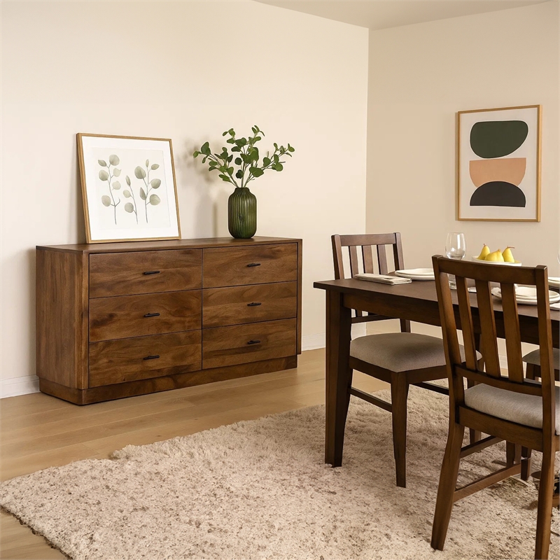Benjara Tao 6 Drawers Dresser- Mango Wood- Walnut Finish- 60