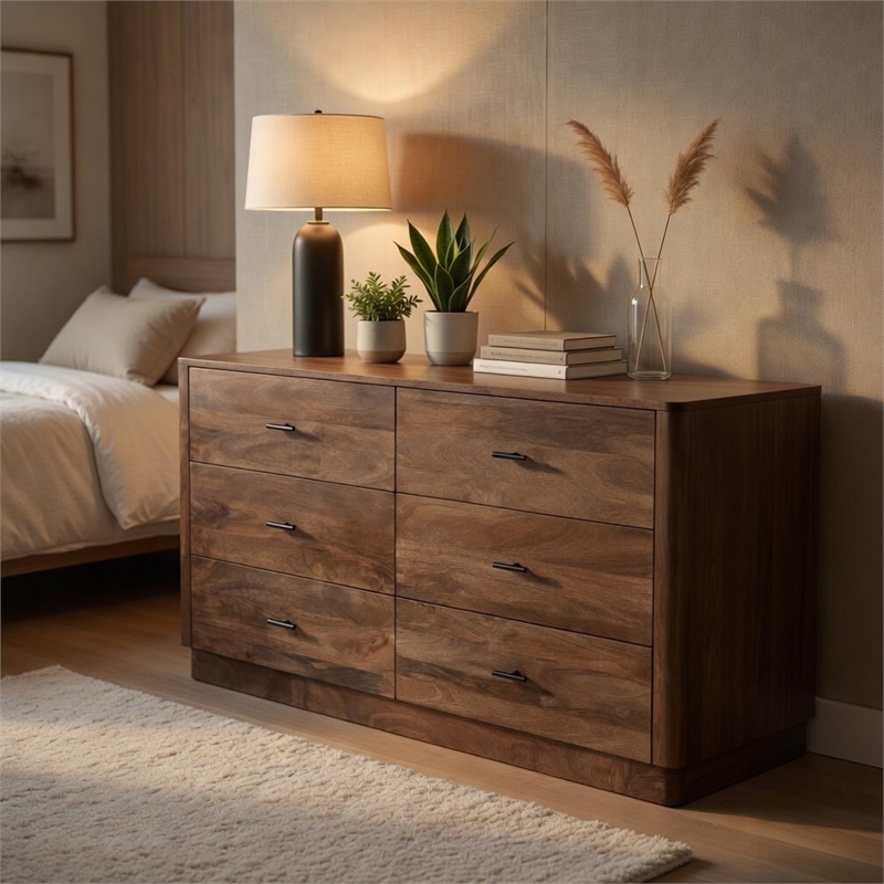 Benjara Tao 6 Drawers Dresser- Mango Wood- Walnut Finish- 60