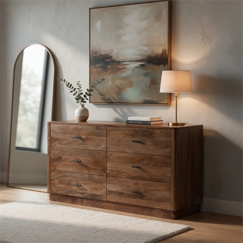 Benjara Tao 6 Drawers Dresser- Mango Wood- Walnut Finish- 60