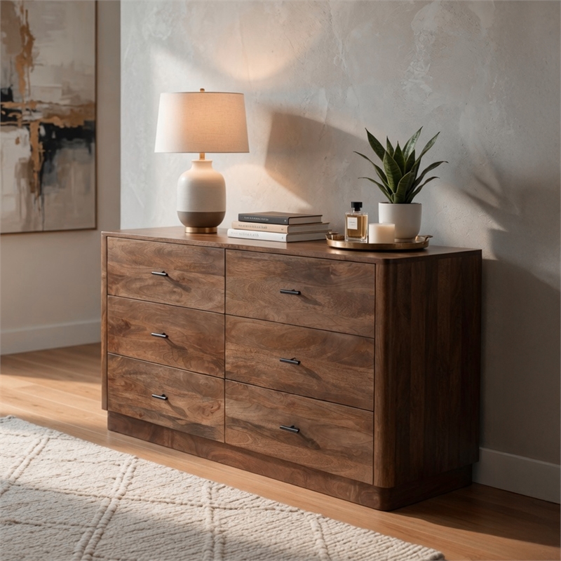 Benjara Tao 6 Drawers Dresser- Mango Wood- Walnut Finish- 60