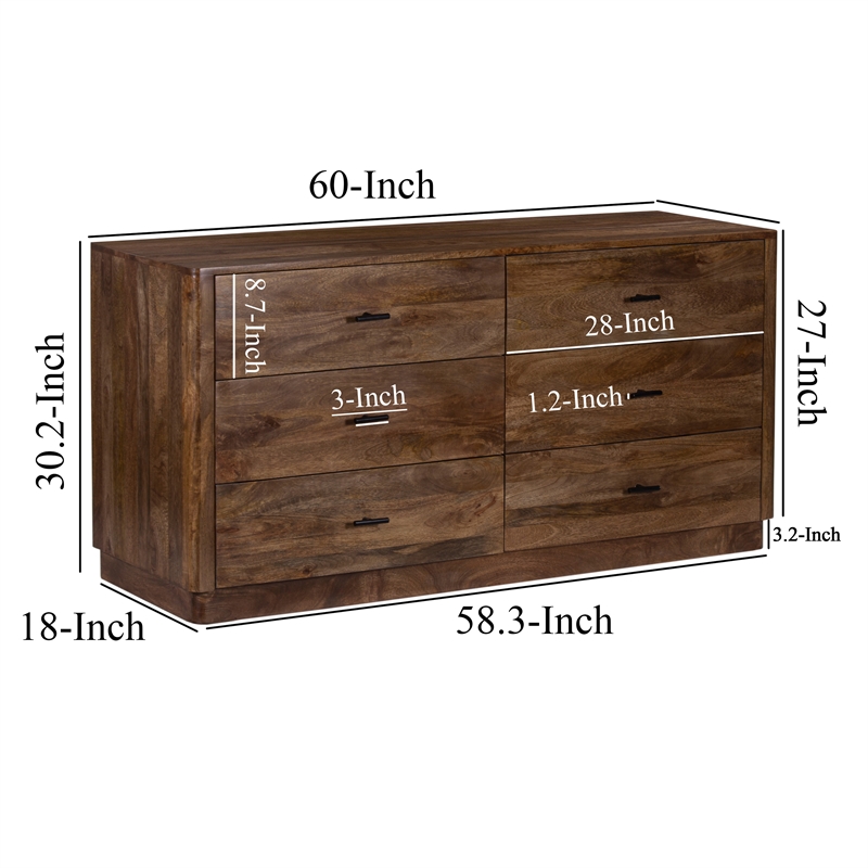 Benjara Tao 6 Drawers Dresser- Mango Wood- Walnut Finish- 60