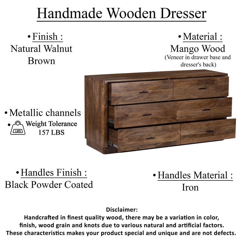 Benjara Tao 6 Drawers Dresser- Mango Wood- Walnut Finish- 60