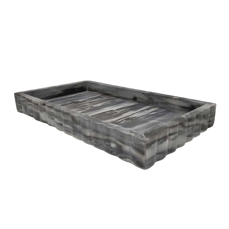 Benjara Myla Decorative Marble Tray- Subtle Gray Scalloped Edges- 14 Inch