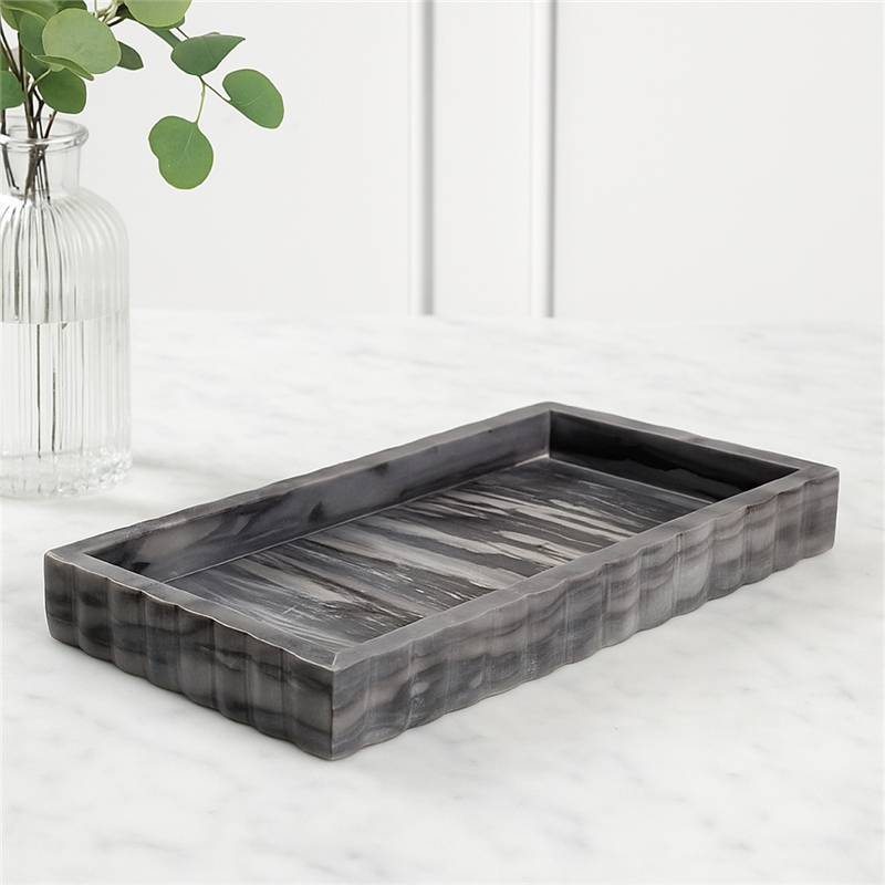Benjara Myla Decorative Marble Tray- Subtle Gray Scalloped Edges- 14 Inch