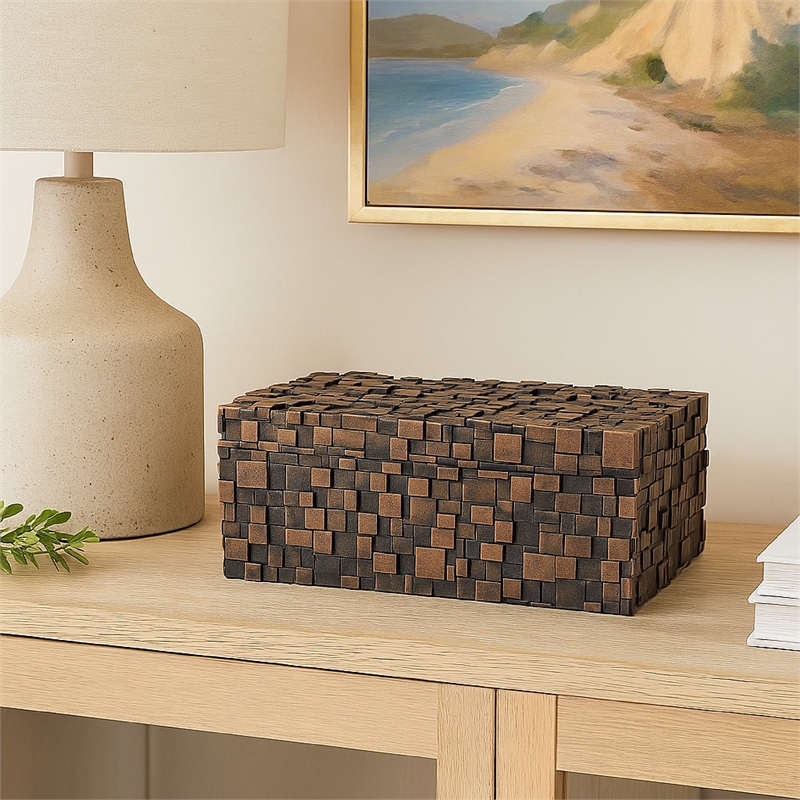 Benjara Lissa Decorative Storage Box- Brown Textured Resin Finish- 13 Inch