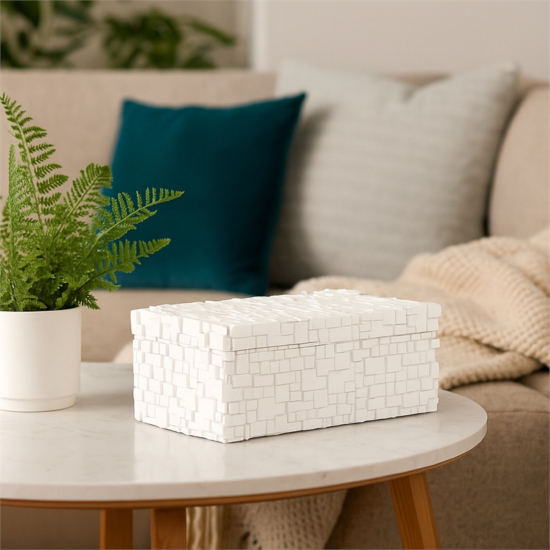 Benjara Lissa Decorative Storage Box- Matte White Textured Resin- 13 Inch