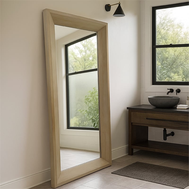 Benjara Cisy Floor Mirror- 75 Inch- Light Oak Brown Wood Rectangular Frame
