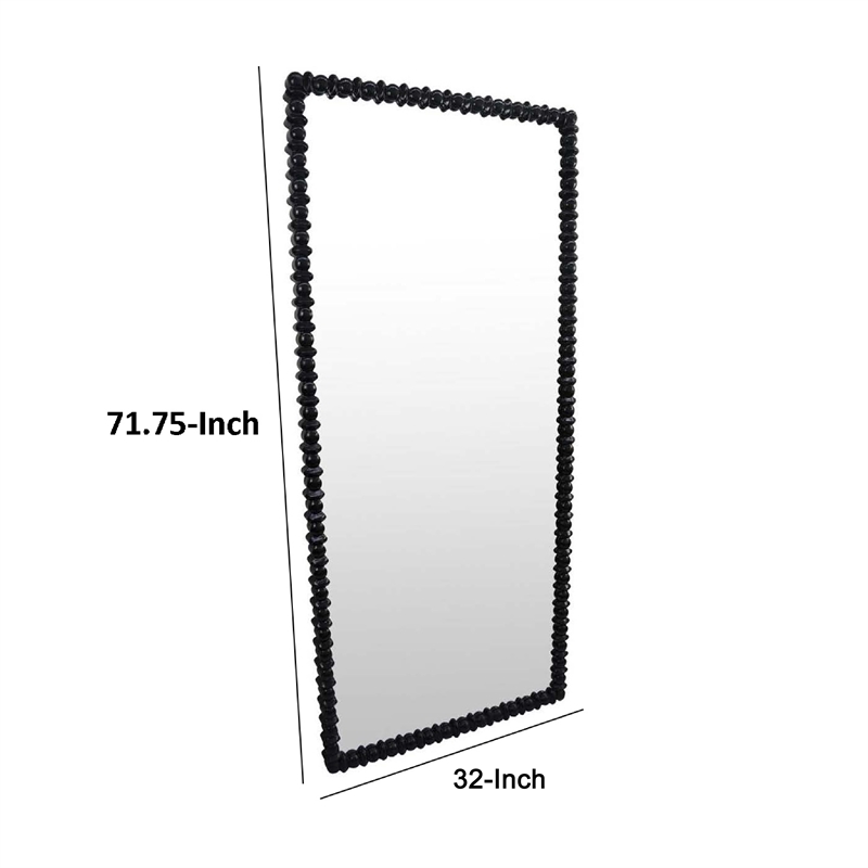 Benjara Perz Floor Mirror- 72 Inch- Rectangular Shaped Black Beaded Wood Frame