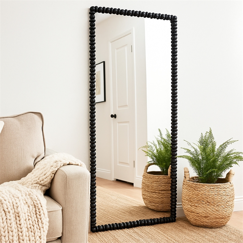 Benjara Perz Floor Mirror- 72 Inch- Rectangular Shaped Black Beaded Wood Frame