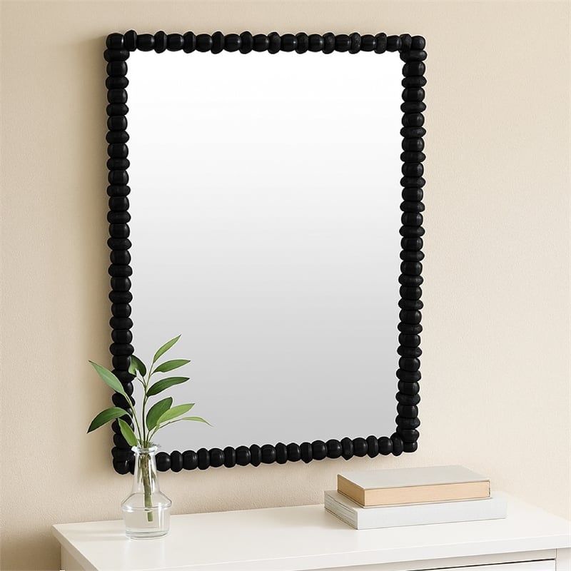 Benjara Perz Wall Mirror- 42 Inch- Square Frame- Black Beaded Wood Frame