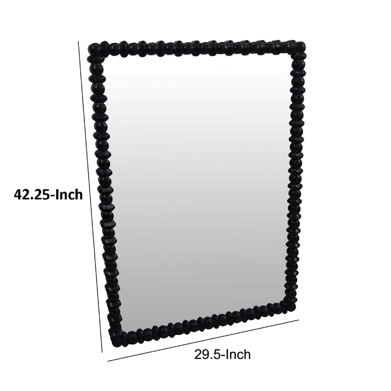 Benjara Perz Wall Mirror- 42 Inch- Square Frame- Black Beaded Wood Frame