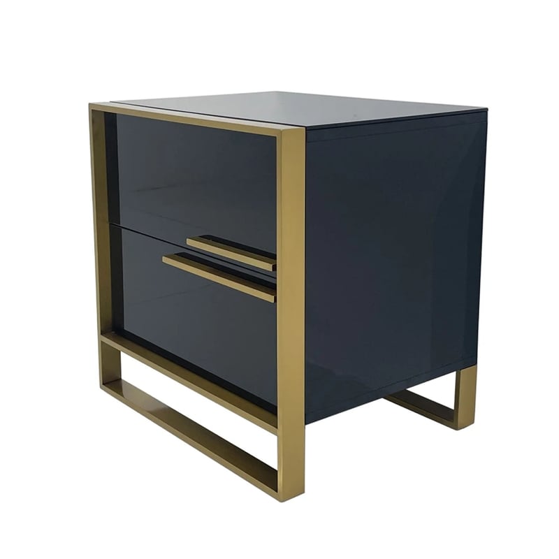 Benjara Boko Nightstand- 2 Drawers w Luxe Gold Metal Handles- 20 Inch- Black