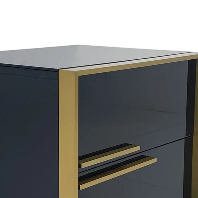 Benjara Boko Nightstand- 2 Drawers w Luxe Gold Metal Handles- 20 Inch- Black