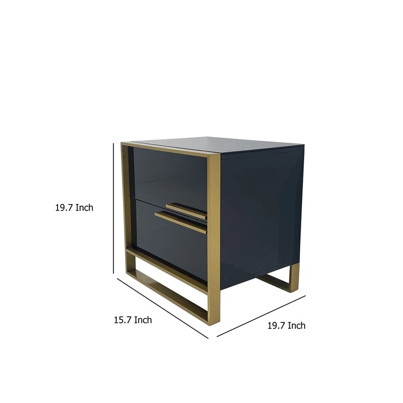 Benjara Boko Nightstand- 2 Drawers w Luxe Gold Metal Handles- 20 Inch- Black