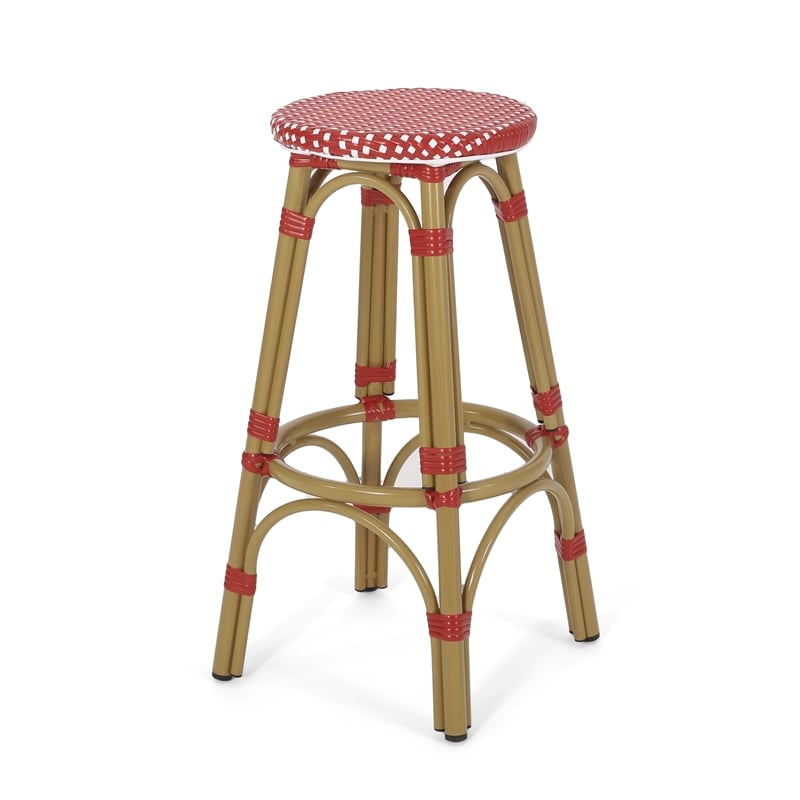 Benjara Outdoor Barstool Set of 2- Red and White Wicker Seat- Brown Aluminum