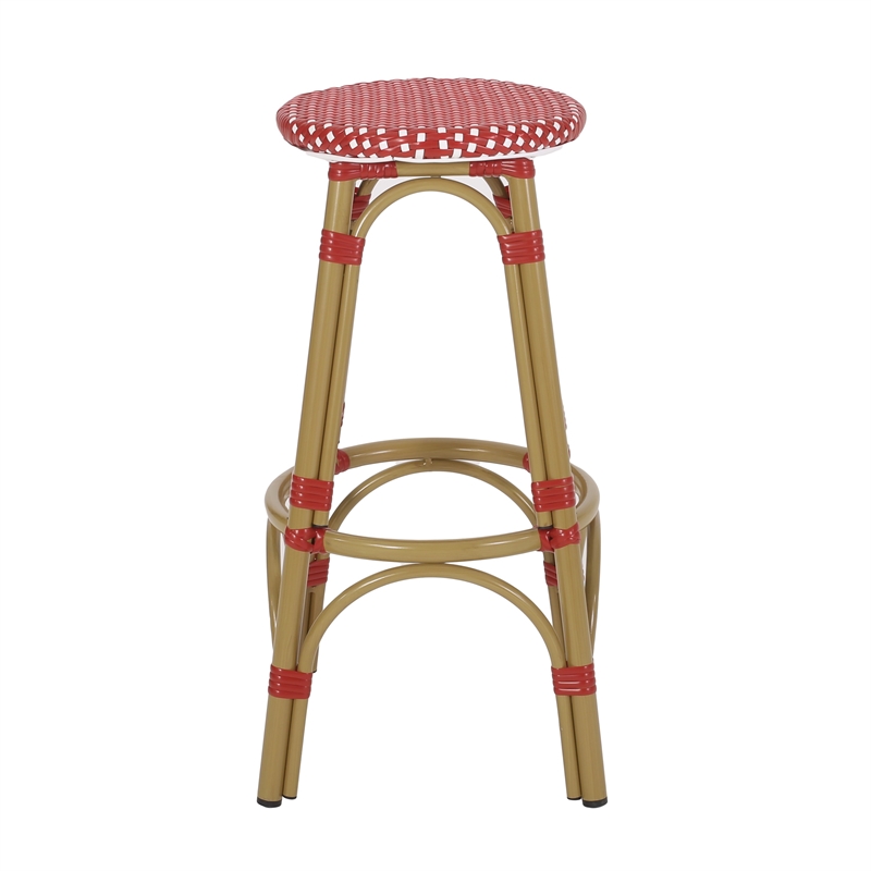 Benjara Outdoor Barstool Set of 2- Red and White Wicker Seat- Brown Aluminum