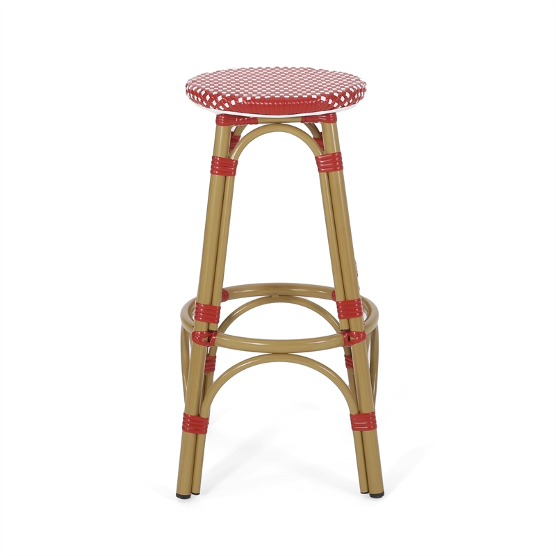 Benjara Outdoor Barstool Set of 2- Red and White Wicker Seat- Brown Aluminum