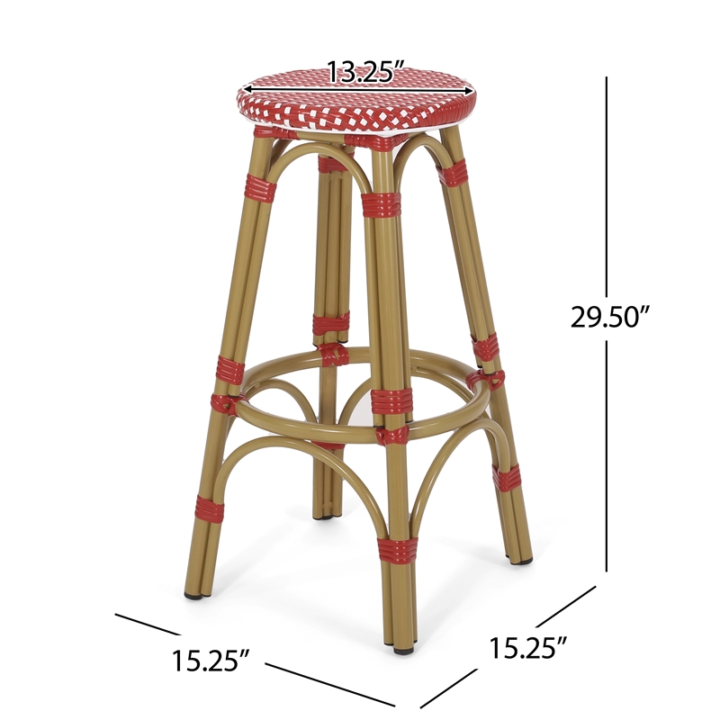Benjara Outdoor Barstool Set of 2- Red and White Wicker Seat- Brown Aluminum