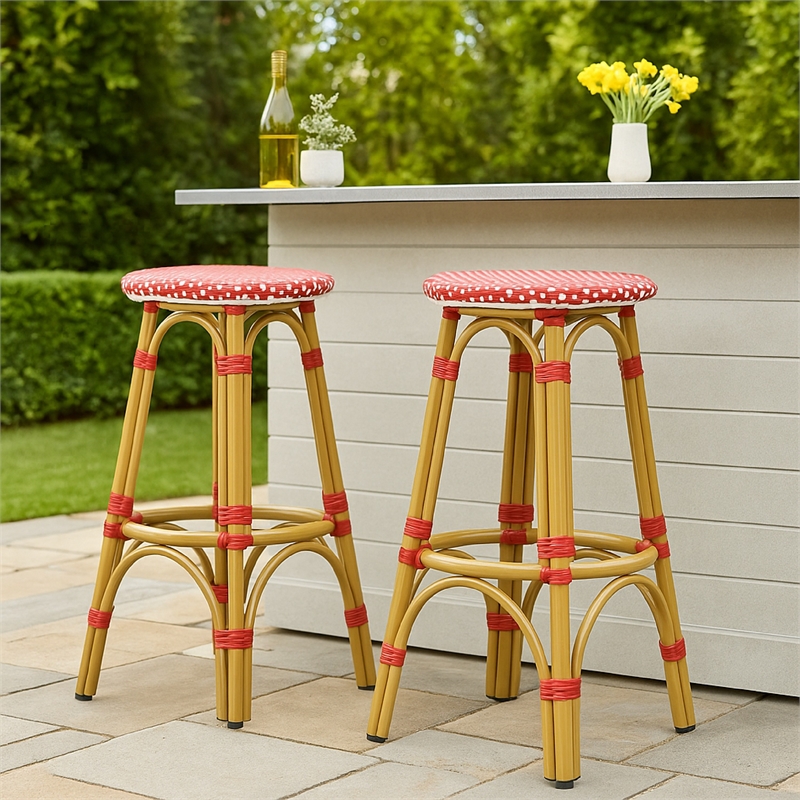Benjara Outdoor Barstool Set of 2- Red and White Wicker Seat- Brown Aluminum
