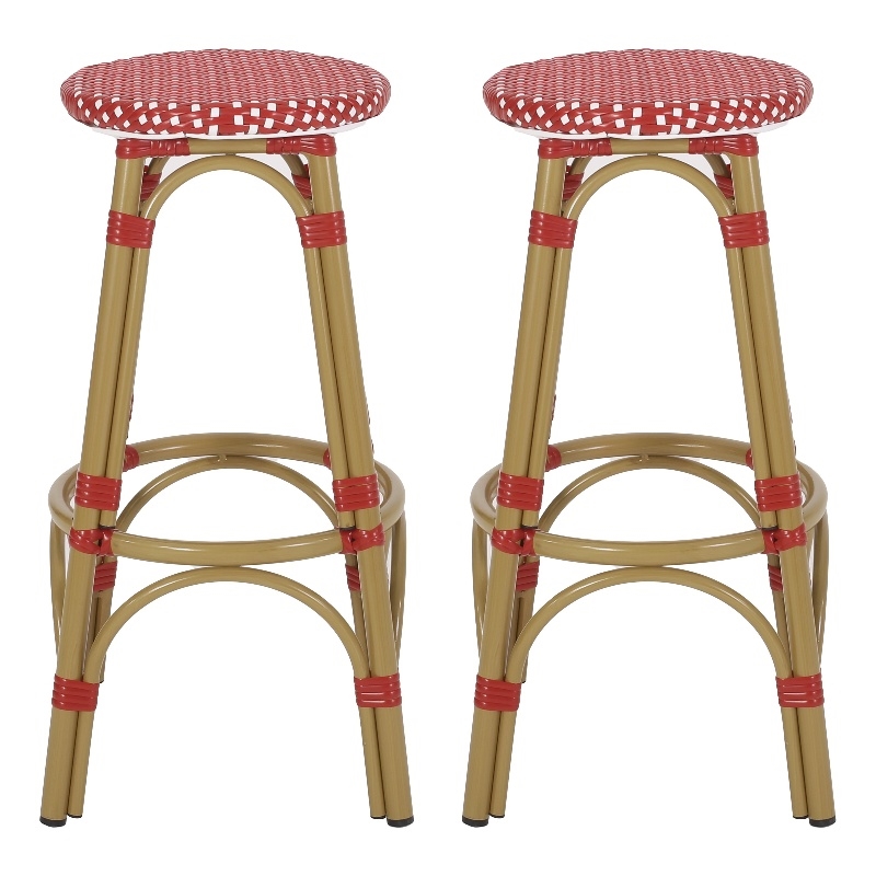 Benjara Outdoor Barstool Set of 2- Red and White Wicker Seat- Brown Aluminum