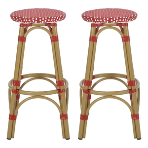 Benjara Outdoor Barstool Set of 2- Red and White Wicker Seat- Brown Aluminum