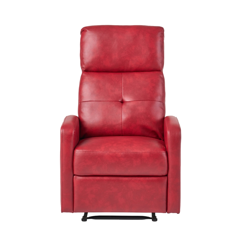 Benjara Belz Manual Recliner Chair with Handle- Button Tufted Red Faux Leather