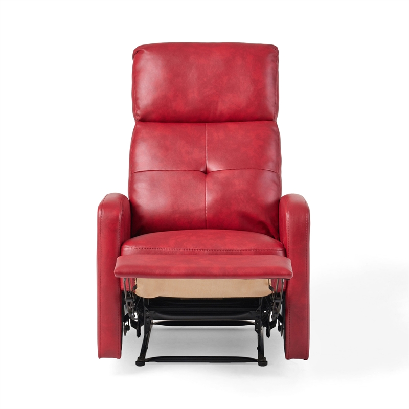 Benjara Belz Manual Recliner Chair with Handle- Button Tufted Red Faux Leather