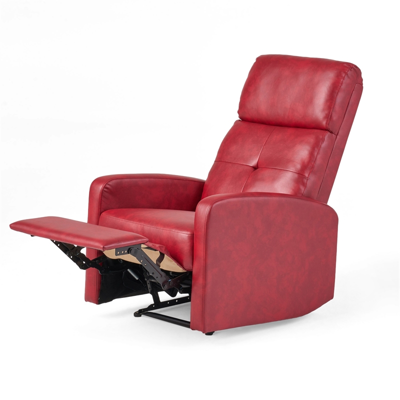 Benjara Belz Manual Recliner Chair with Handle- Button Tufted Red Faux Leather