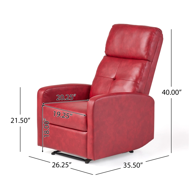 Benjara Belz Manual Recliner Chair with Handle- Button Tufted Red Faux Leather