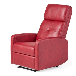 Benjara Belz Manual Recliner Chair with Handle- Button Tufted Red Faux Leather