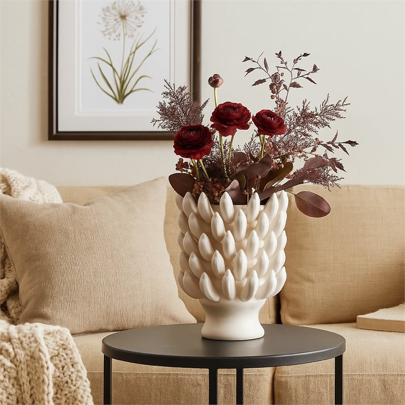 Benjara Joseph Accent Vase with Tiered Flame Accents- Ivory Ceramic 17 Inch