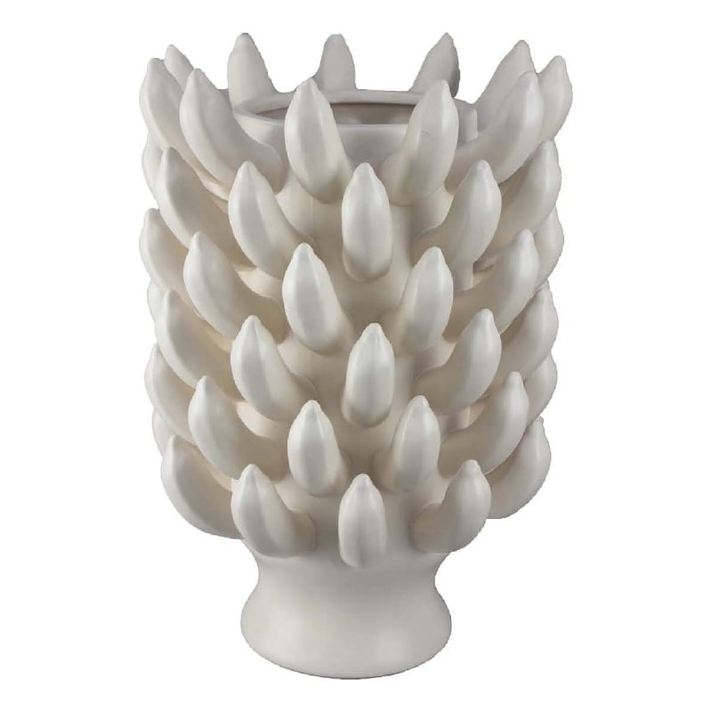 Benjara Joseph Accent Vase with Tiered Flame Accents- Ivory Ceramic 17 Inch