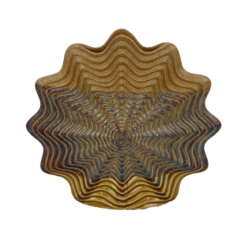 Benjara Decorative Vase- Brown- Gray Ceramic- Unique Radial Rosette- 16 Inch