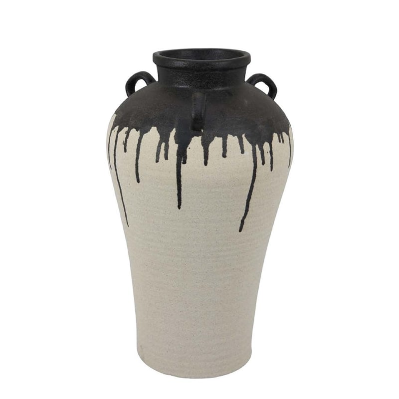Benjara Caleb Accent Vase with Drip Pattern and Handles- Black Gray Ceramic
