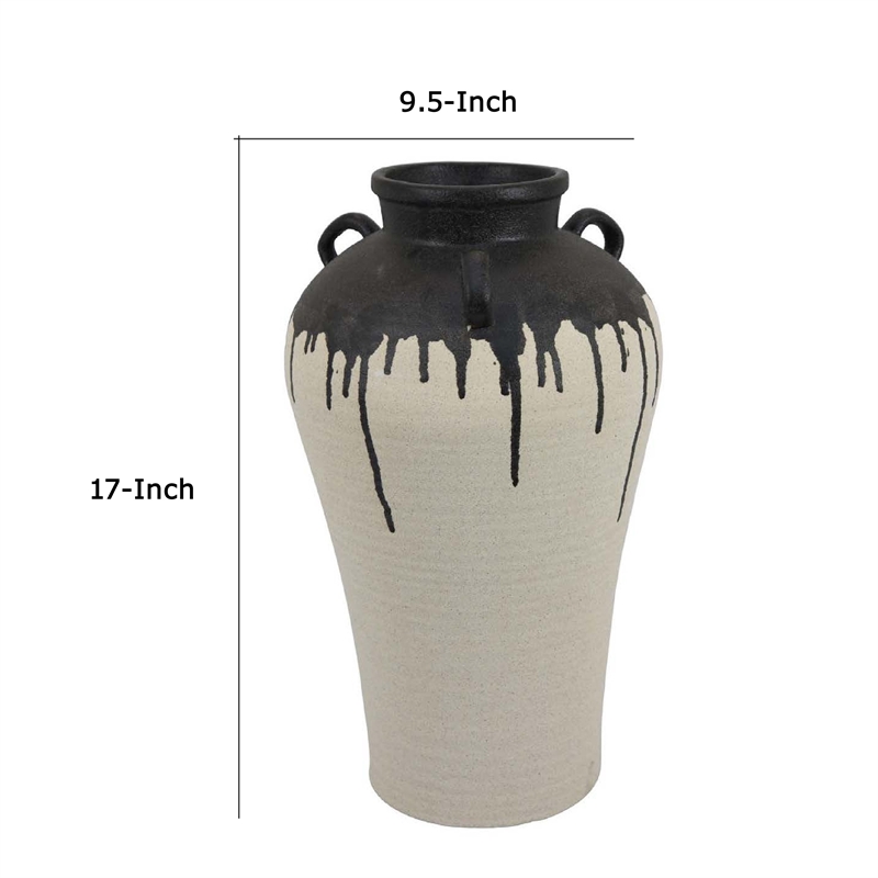 Benjara Caleb Accent Vase with Drip Pattern and Handles- Black Gray Ceramic
