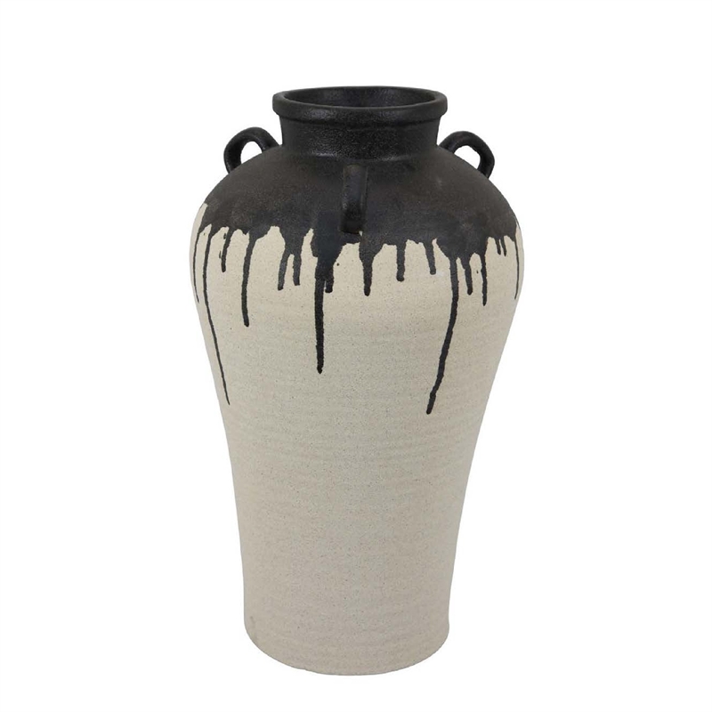 Benjara Caleb Accent Vase with Drip Pattern and Handles- Black Gray Ceramic