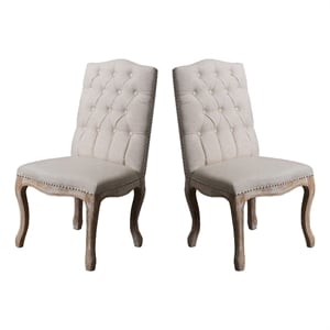 Benjara Cen Dining Side Chair Set of 2- Beige Tufted Back- Gray Wood Legs