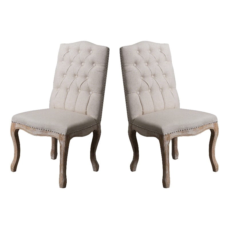 Benjara Cen Dining Side Chair Set of 2- Beige Tufted Back- Gray Wood Legs