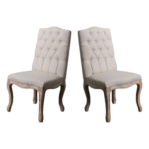 Benjara Cen Dining Side Chair Set of 2- Beige Tufted Back- Gray Wood Legs