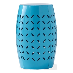 Benjara Lica Patio Side End Table- Barrel Shaped Lace Cut- 12&quot Blue Iron