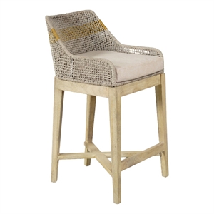 Benjara Avira 30&quot Barstool Chair w/ Handcrafted Mango Wood - Beige Cushion