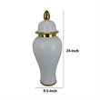 Benjara Risy Covered Jar- 24 Inch- Gold Finial- White Curved Ceramic Base
