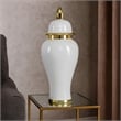 Benjara Risy Covered Jar- 24 Inch- Gold Finial- White Curved Ceramic Base