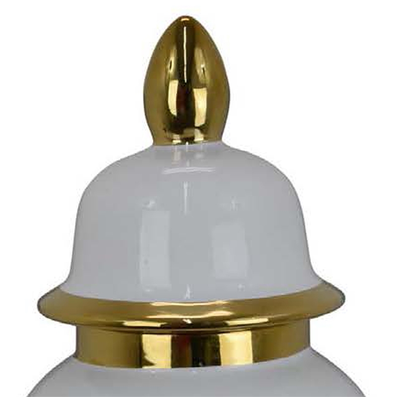 Benjara Risy Covered Jar- 24 Inch- Gold Finial- White Curved Ceramic Base
