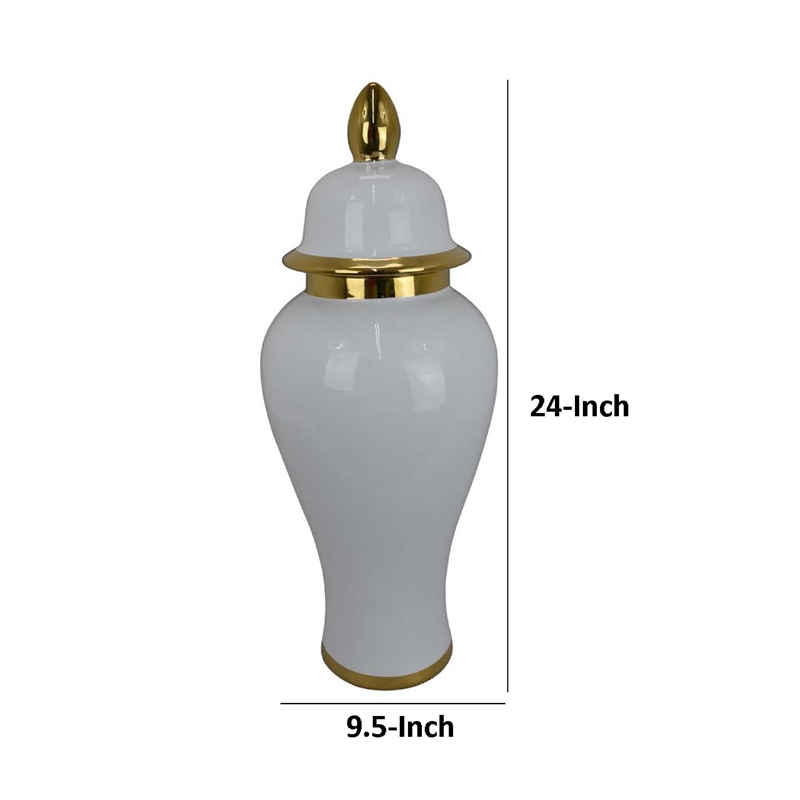 Benjara Risy Covered Jar- 24 Inch- Gold Finial- White Curved Ceramic Base