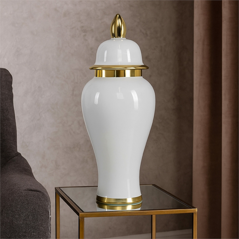 Benjara Risy Covered Jar- 24 Inch- Gold Finial- White Curved Ceramic Base