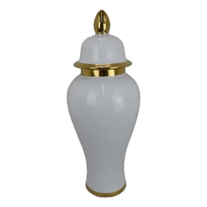 Benjara Risy Covered Jar- 24 Inch- Gold Finial- White Curved Ceramic Base